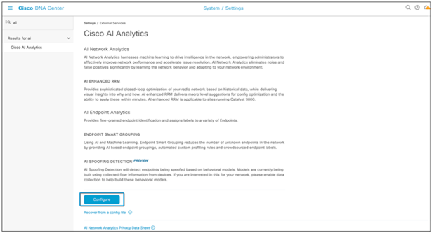 Location of the Cisco AI Analytics page on the Cisco DNA Center homepage