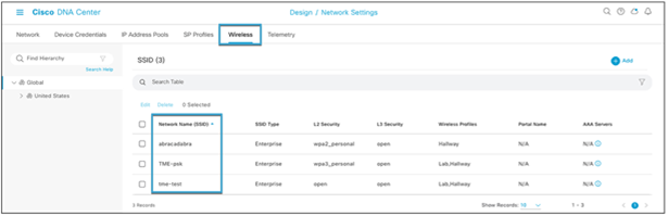 Learned SSIDs on Cisco DNA Center in Network Settings > Wireless tab (post-learn)