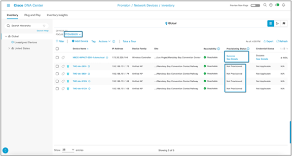 Catalyst 9800 wireless controller Provisioning status in the Inventory window
