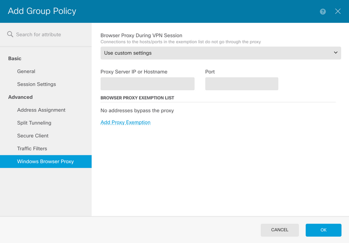 Group Policy Menu on FDM Showing Use Custom Settings under Browser Proxy During VPN Session Option