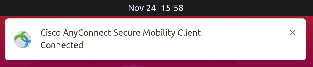 You will also see notification that the Cisco AnyConnect Secure Mobility Client is Connected. 