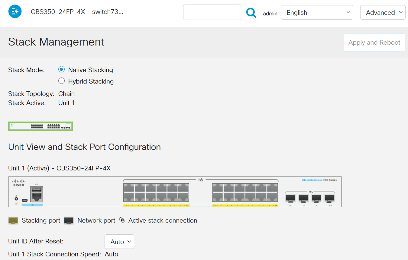 Log in to the user interface of the switch. Navigate to Administration > Stack Management and check the status of stacking ports