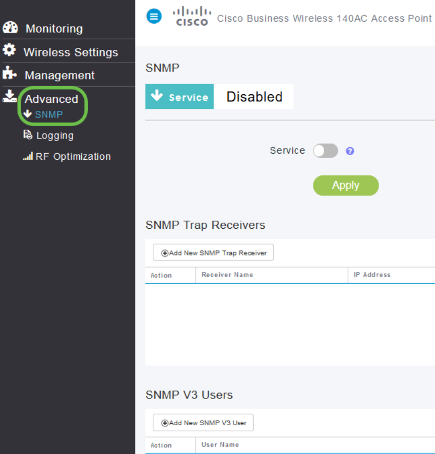 SNMP: On the Web UI, navigate to Advanced > SNMP. 