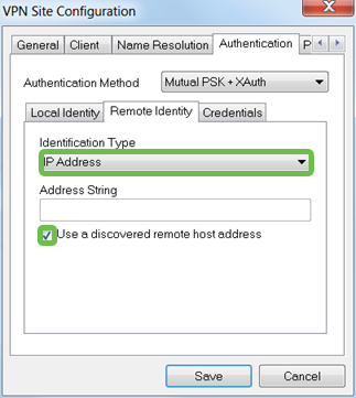 Authentication tab continued, ID type set to IP address and the toggle button Use a discovered remote host address.