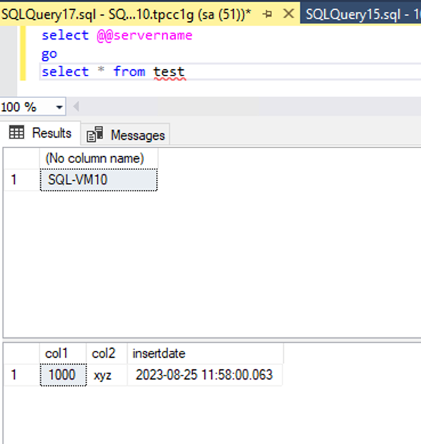 SQLQuery17.sql - SQ...10.tpcc1g (sa -a XSQLQuery15.sql - 1selectgoselect * from100 %Resuhs Messages(No colu•nn name)SQL-VMIOcoll c012xyzhsertdate2023-08-25
