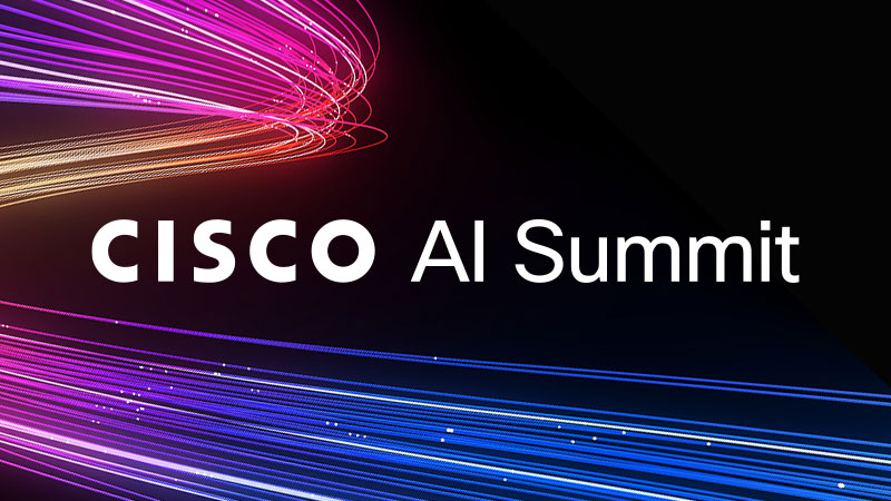 CISCO AI Summit with abstract pink, purple, blue, and white light trails