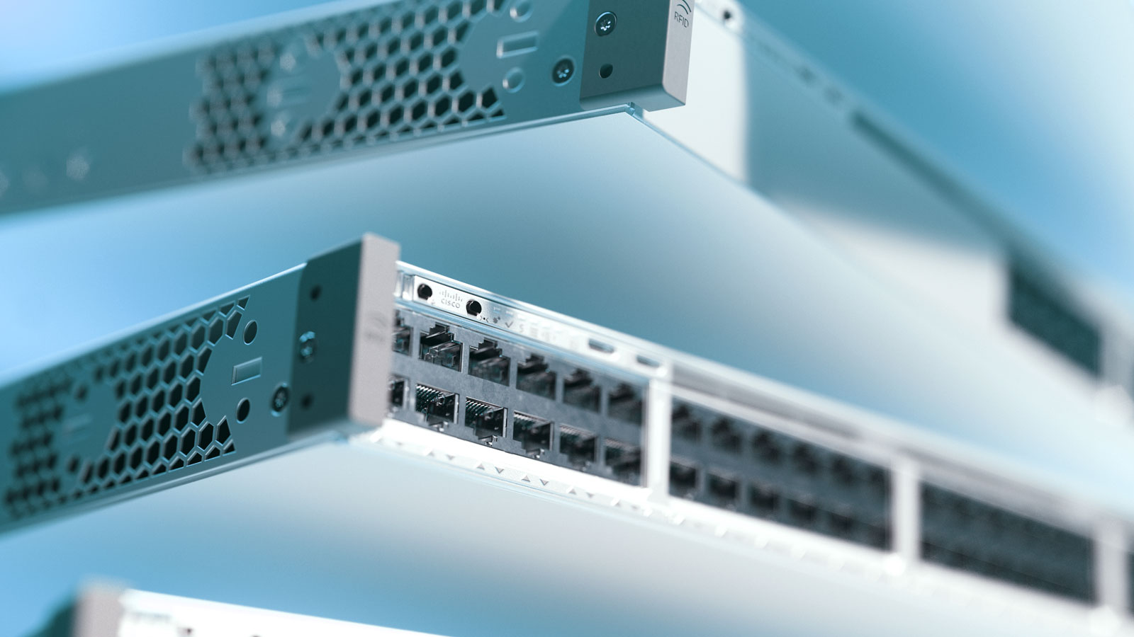 Close-up of networking equipment with multiple ports and visible Cisco logo.