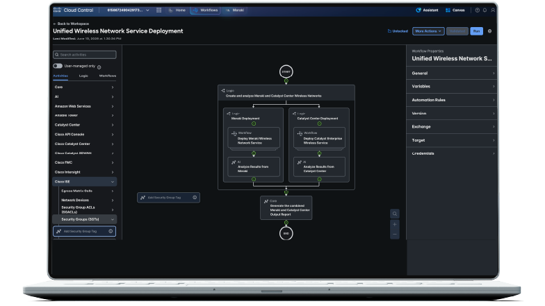 Cisco Cloud Control interface showing the Unified Wireless Network Service Deployment workflow with Meraki and Catalyst Center branches.