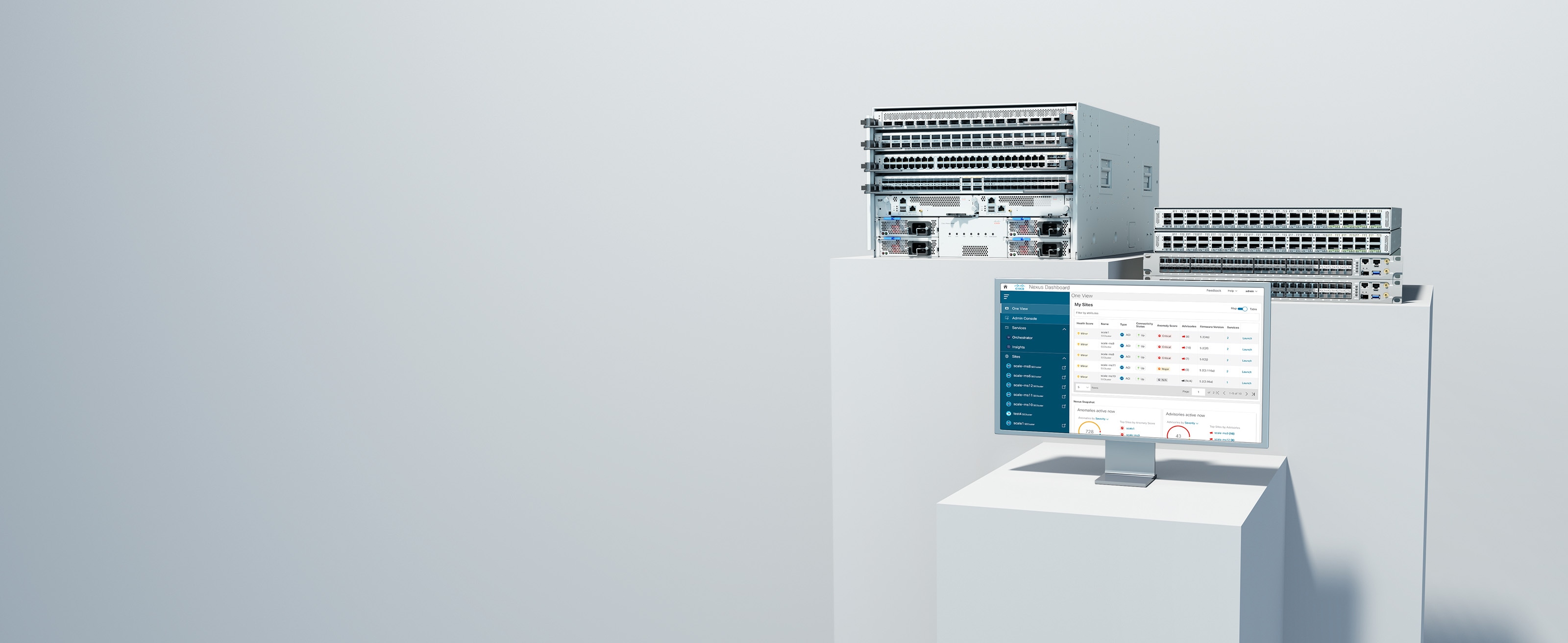 A display showing Cisco Nexus Dashboard on a monitor screen, the Nexus 9504 chassis switch, and a stack with the Nexus 9332-GX2B switch and the Nexus 3550-T switch.