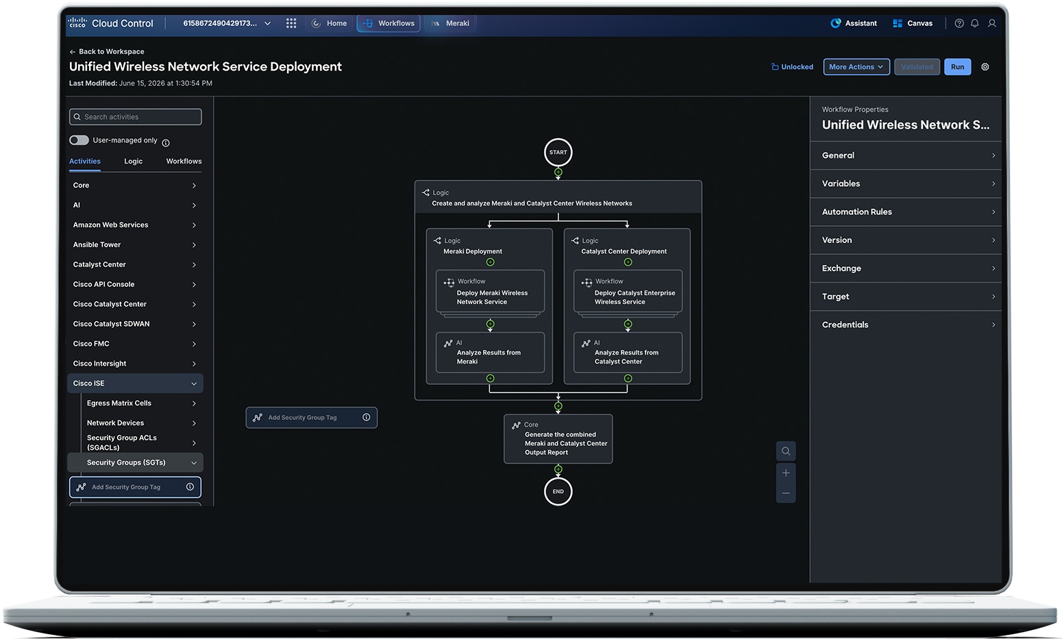 Cisco Cloud Control interface showing the Unified Wireless Network Service Deployment workflow with Meraki and Catalyst Center branches.