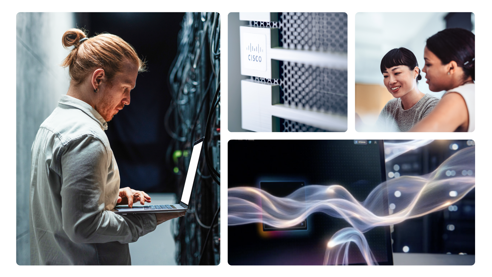 Technician using laptop in Cisco data center