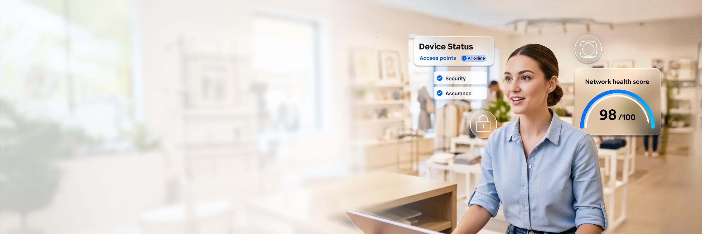 Person looking at laptop, with network dashboard status items overlaid on the background for: Connectivity, Assurance, Security, Infrastructure, and Culture.