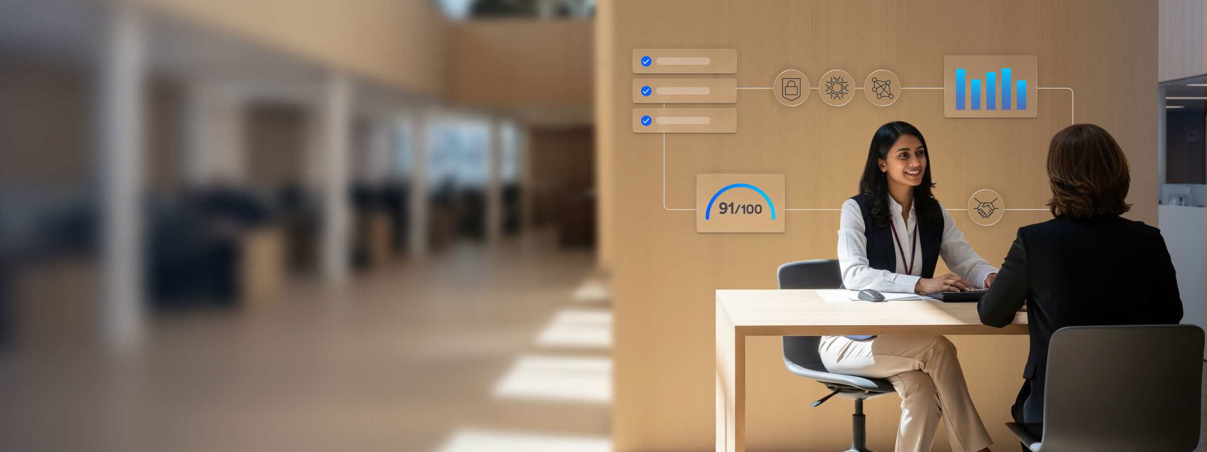 Two professionals in a meeting with a digital overlay showing a 91/100 performance score from the Cisco Meraki Dashboard. 