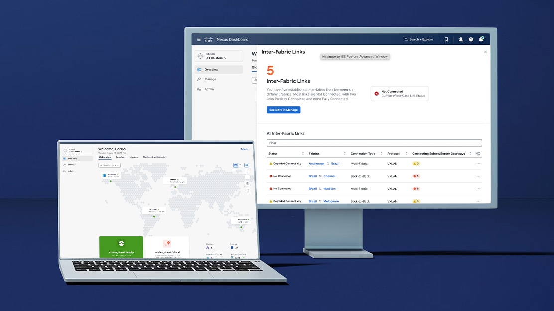 A large screen monitor displaying the topology of an application profile in Cisco Application Policy Infrastructure Controller, and a laptop displaying a connectivity view in Nexus Dashboard Orchestrator. 