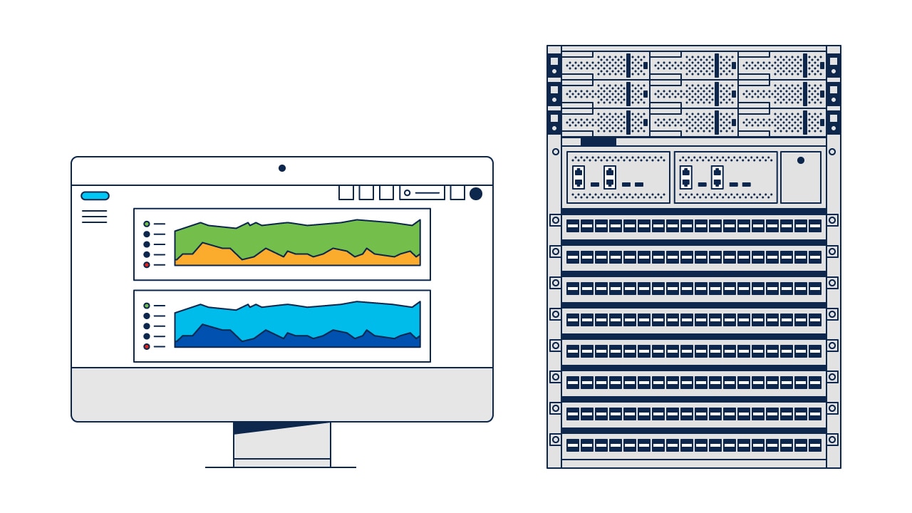 Illustration of the IOS XR on a monitor next to Cisco Router