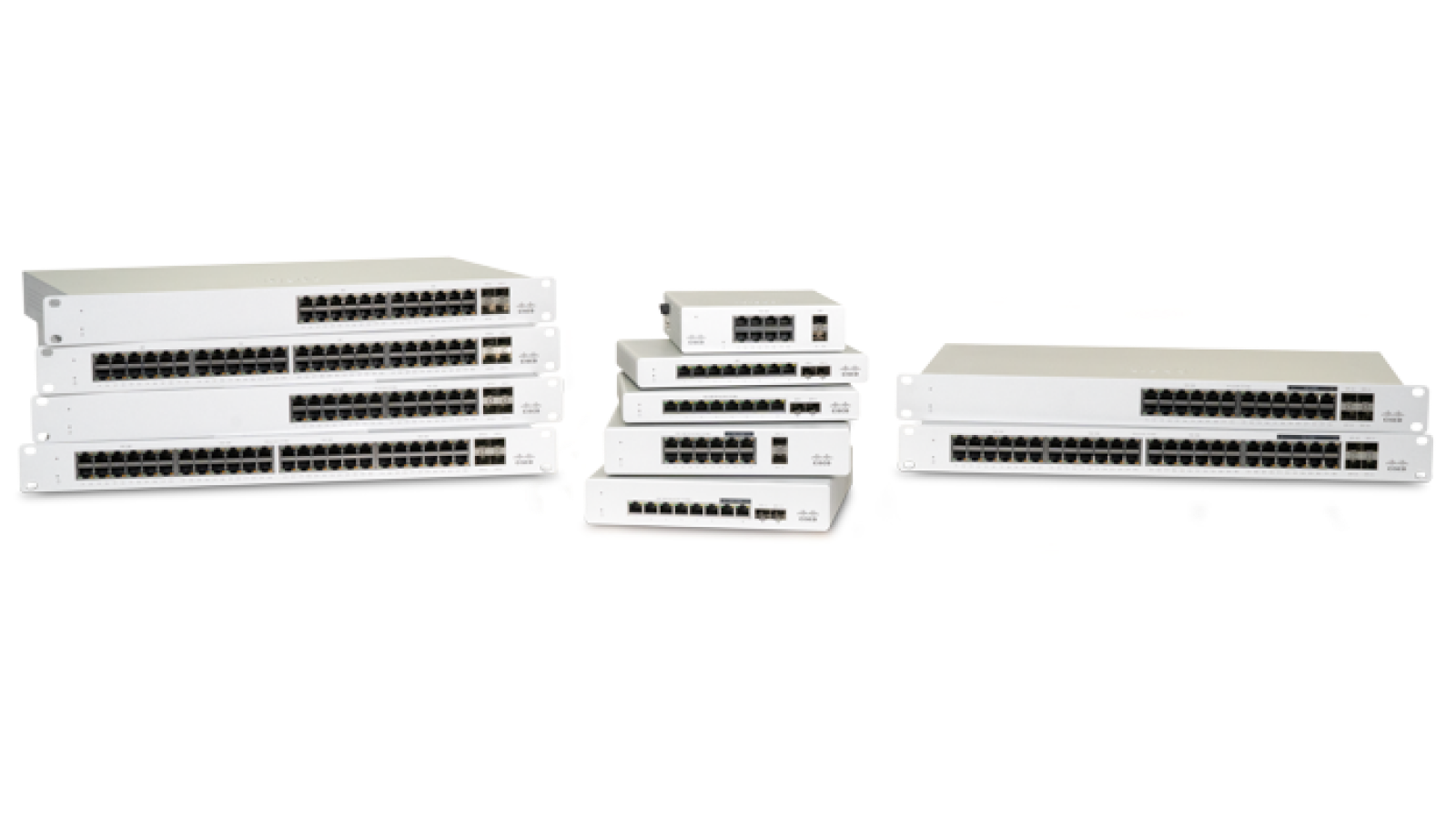 Three stacks of Cisco Meraki switches
