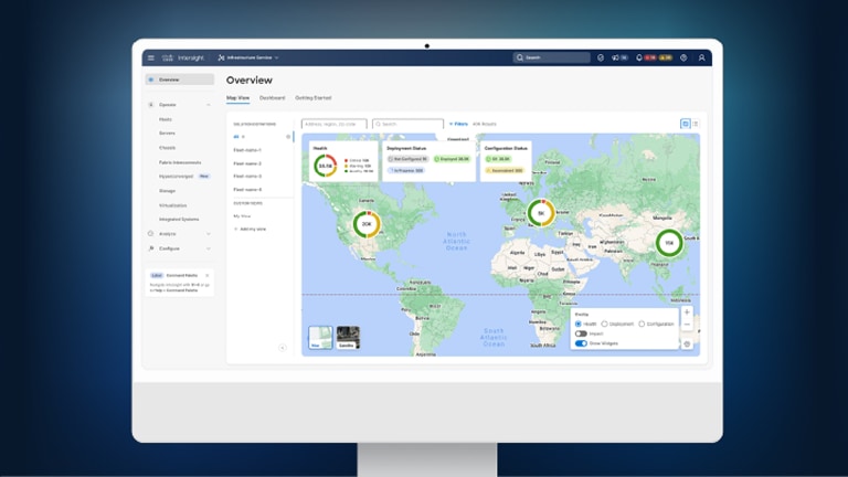 Cisco Intersight Infrastructure Service dashboard displaying a world map overview of global health, deployment, and configuration statuses, with summary statistics for critical, warning, healthy, deployed, and configured items.
