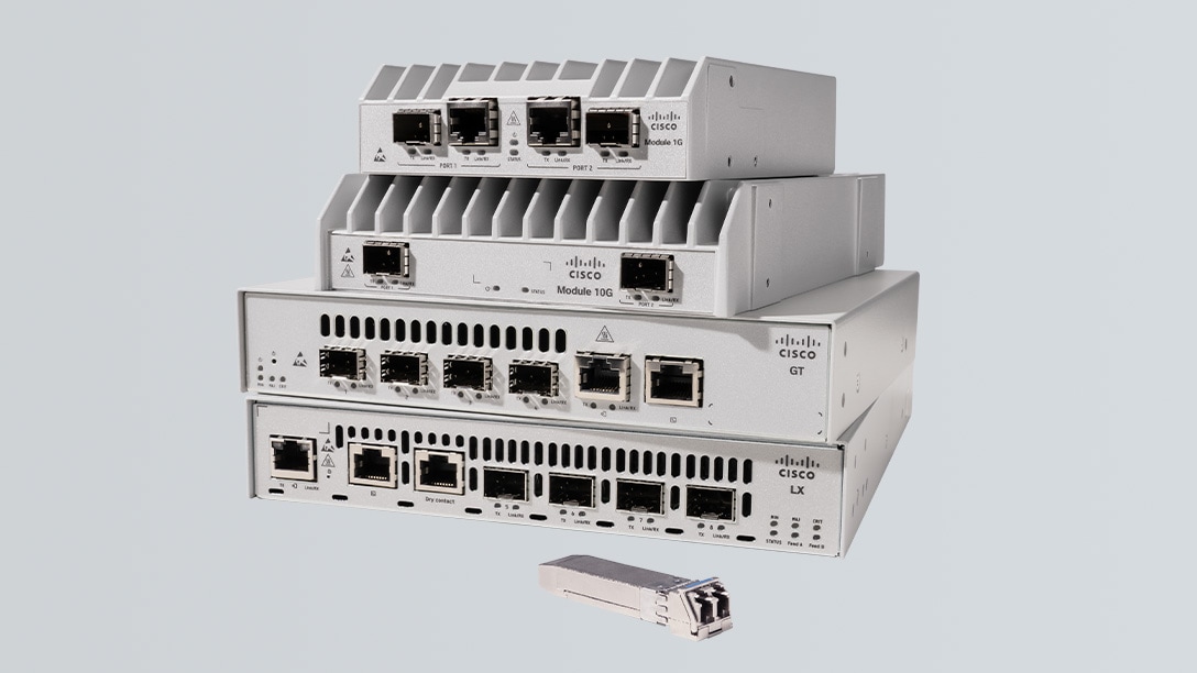 : A stack of Cisco Provider Connectivity Assurance sensors, including Assurance Sensor F25, F100, and SFP.