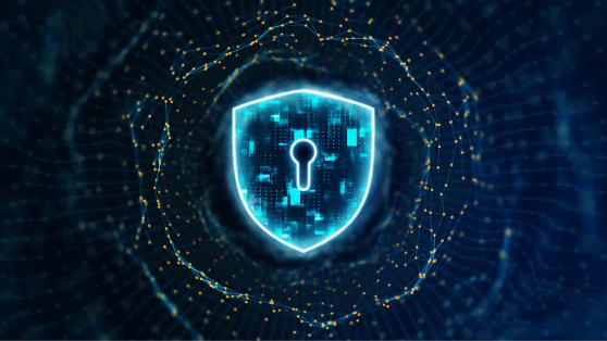 Glowing blue shield with a keyhole icon centered within a dark, abstract digital network mesh.